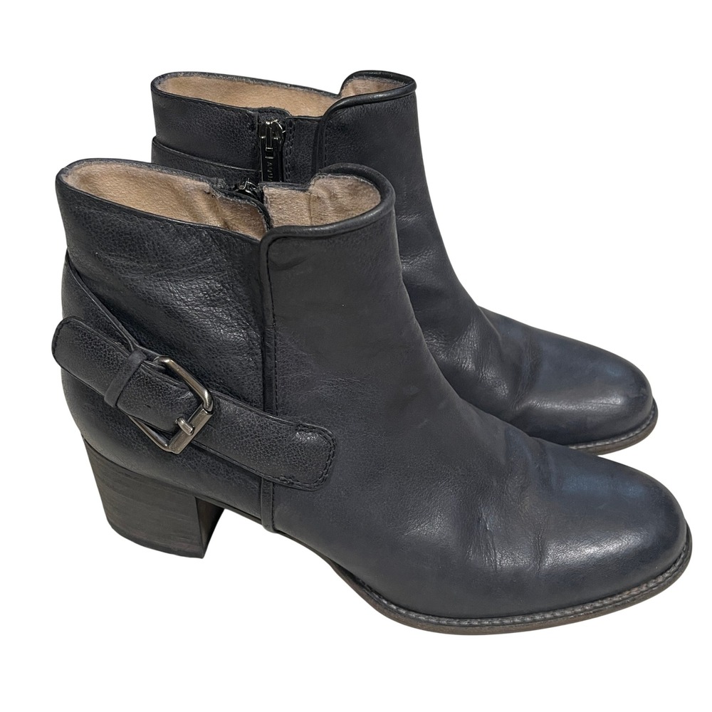 Aquatalia Black Leather Booties Buckle Ankle Block Heels Made in Italy Size 10